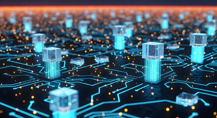 Immersive digital network with glowing blue circuits and translucent data cubes symbolizing innovation and connectivity