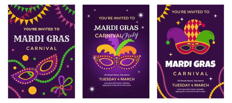 Mardi Gras poster set. Collection of party, carnival Mardi Gras invitations. Carnival masks, beads and garlands. Vector templates for greeting cards, flyers, banners