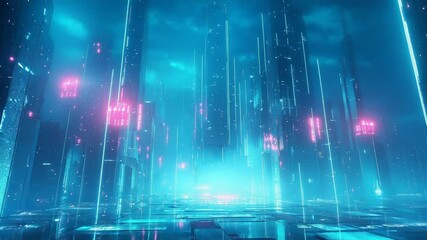 Digital data flowing through futuristic cyberpunk cityscape network - Powered by Adobe