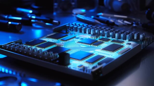 Exploring the Complex Electronics of a Circuit Board: A Close-Up Journey Through Its Layers and Components in a Modern Tech Workspace