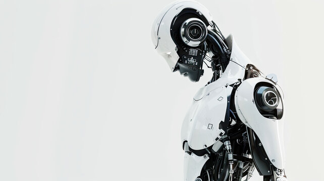 Close-up of futuristic humanoid robot with mechanical details and smooth white surface, symbol of artificial intelligence, innovation, and modern technology concept - Powered by Adobe