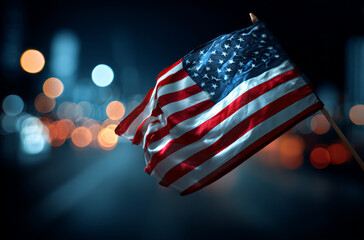American flag night bokeh city patriotic pride flutters softly in urban glow