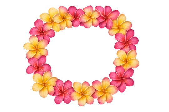 Plumeria flower wreath lei with yellow and pink tropical blossoms on a transparent background