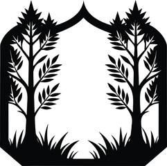Stylized Forest Archway Silhouette with Trees and Grass


