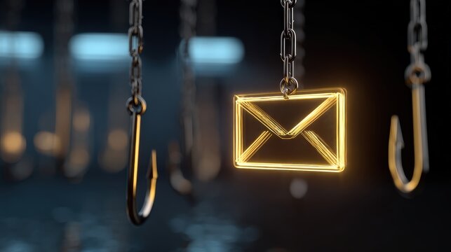 A glowing envelope icon hangs from metallic hooks, creating a striking visual contrast in a dark, moody environment.