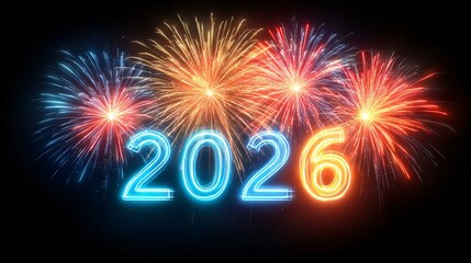 2026 new year fireworks celebration on black background, colorful fireworks number 2026