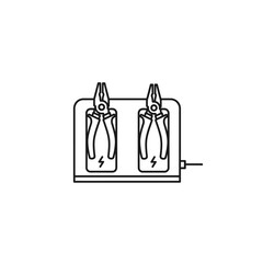 Two Black and White Pliers Resting in a Charging Station, Outline Illustration.