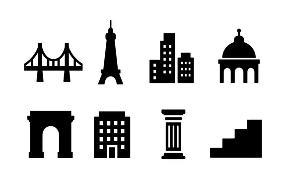 Silhouette icons of architectural landmarks and urban structures