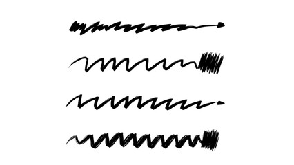 Five irregular black hand-drawn squiggle and zigzag lines with rough sketch texture in varying lengths and directions, suitable for doodle accents, emphasis markers, or casual graphic design elements 
