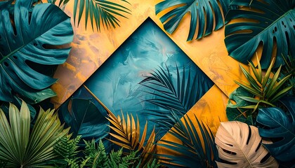 Tropical leaves frame a blue diamond on a textured yellow background