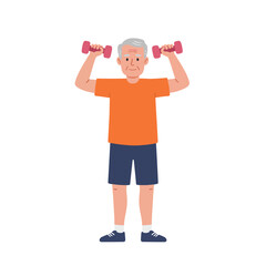 An active elderly man with gray hair and beard confidently lifts yellow dumbbells while wearing sporty clothes in cheerful flat vector style, great for senior fitness, healthy aging, or exercise motiv