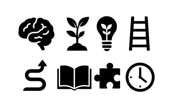 Set of motivational icons: brain, growth, innovation, and success elements - Powered by Adobe