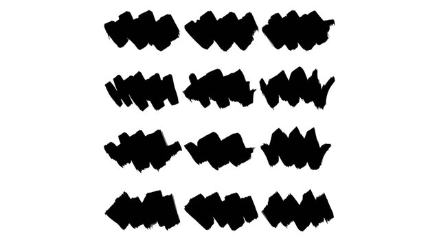 Abstract black ink blot and splatter brush strokes with rough edges and varying opacity in grunge style, suitable for texture overlays, distressed effects, or artistic design elements in vector format