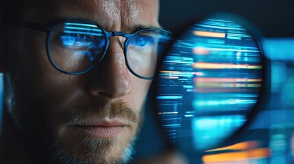 A focused individual examines data through a magnifying glass, highlighting attention to detail in a digital environment.