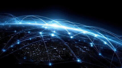 A digital representation of interconnected networks across the globe, showcasing lines of light symbolizing connectivity and data transmission.