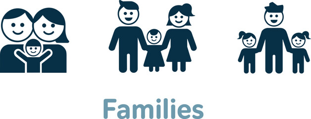 Three dark blue family icons with smiling faces and the word families people parents