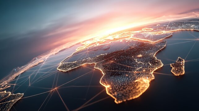 A stunning aerial view of Africa illuminated by lights, showcasing a network of connections across the continent against a beautiful sunset backdrop.