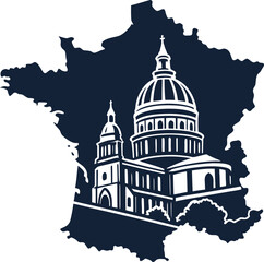 Stylized France Map with Panthéon Landmark Silhouette


