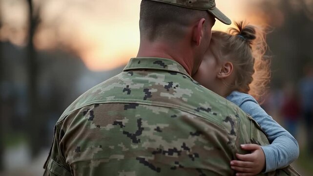 Soldier in uniform saying goodbye to his family before deployment.
