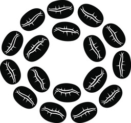 Minimalist Black and White Vector Illustration of Coffee Beans Arranged in a Circular Ring or Wreath Shape, Perfect for Cafe Logos and Backgrounds