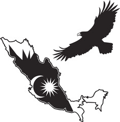 Stylized Malaysia Map with Flag Elements and Flying Eagle Silhouette

