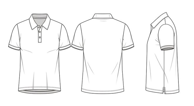 Technical drawing of a classic shortsleeve polo shirt shown from front, back, and side views