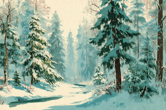 Snow blankets the ground and fills the branches, creating a peaceful winter scene. Tall evergreen trees stand proudly, showcasing the beauty of Christmas from the 50s and 60s