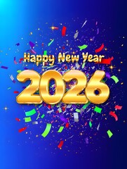 Happy New Year 2026 with Sparkling Blue and Gold Background