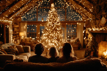 Famille décorant le sapin de Noël dans un salon chaleureux, ambiance festive et lumineuse avant les fêtes de fin d’année