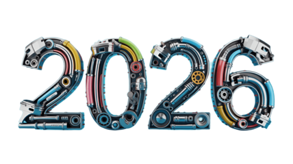 Image of the year 2026 constructed from intricate metallic mechanical parts, a visual representation of progress and the future.