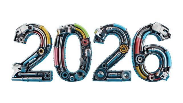 Image of the year 2026 constructed from intricate metallic mechanical parts, a visual representation of progress and the future.