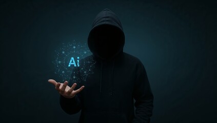 Suspicious no face figure in black hoodie holding ai hologram