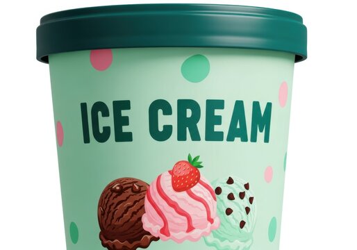 Mint green ice cream tub with strawberry and chocolate flavors and fun polka dot design