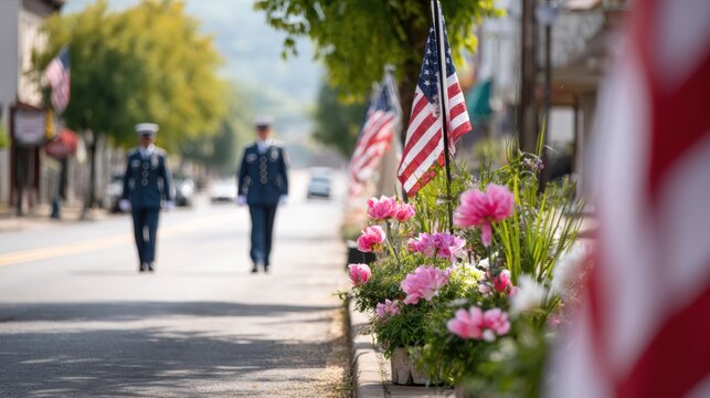 A serene street scene featuring two uniformed individuals walking past American flags and flowers, evoking patriotism and community spirit.