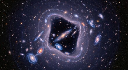 A luminous spiral galaxy with swirling arms sits at the center of a vast cluster of diverse galaxies against the infinite blackness of space. This detailed astronomical visualization loops subtly for 