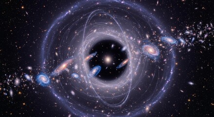 A luminous spiral galaxy with swirling arms sits at the center of a vast cluster of diverse galaxies against the infinite blackness of space. This detailed astronomical visualization loops subtly for 