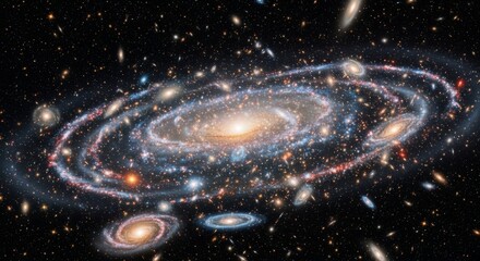 A luminous spiral galaxy with swirling arms sits at the center of a vast cluster of diverse galaxies against the infinite blackness of space. This detailed astronomical visualization loops subtly for 