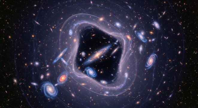 A luminous spiral galaxy with swirling arms sits at the center of a vast cluster of diverse galaxies against the infinite blackness of space. This detailed astronomical visualization loops subtly for 