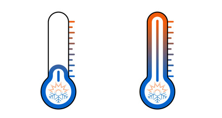 Abstract thermometer measure indicator set vector design with snowflake and sun symbol. Creative weather meteorology icon, summer, winter season illustration. 