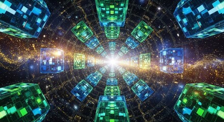 Transparent blue and green data cubes arranged in a converging tunnel lead toward a bright central light explosion in a high-tech digital environment. Perfect as a looping sci-fi transition or backgro