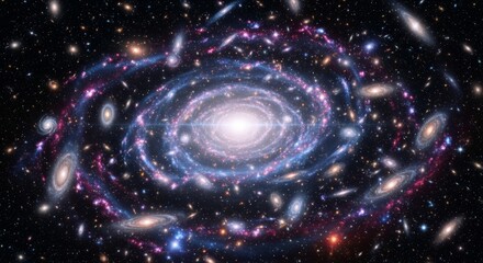 A luminous spiral galaxy with swirling arms sits at the center of a vast cluster of diverse galaxies against the infinite blackness of space. This detailed astronomical visualization loops subtly for 