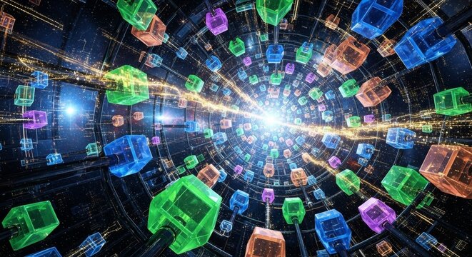 Transparent blue and green data cubes arranged in a converging tunnel lead toward a bright central light explosion in a high-tech digital environment. Perfect as a looping sci-fi transition or backgro