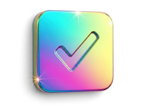 Iridescent checkmark button with rainbow gradient and subtle metallic sheen