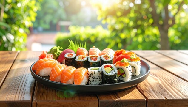 Plate of assorted sushi and maki rolls on an outdoor wooden table