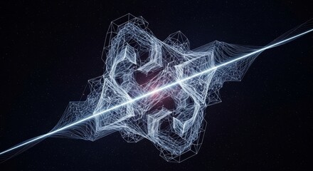 A rotating tesseract reveals shifting wireframe facets around a bright central energy burst emitting dynamic light trails in 3D animation representing 4D space. Perfect as a seamless looping overlay f