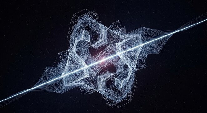 A rotating tesseract reveals shifting wireframe facets around a bright central energy burst emitting dynamic light trails in 3D animation representing 4D space. Perfect as a seamless looping overlay f