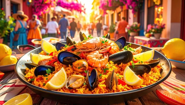 Fototapeta Spanish seafood paella in a pan on a table in a street festival