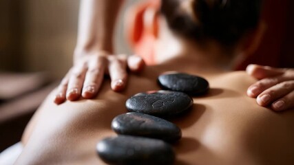 Woman enjoying a hot stone massage for relaxation and wellness - Powered by Adobe