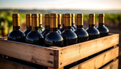 Wooden crate filled with bottles of red wine.