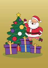 Cute Santa Claus with Christmas Tree and Gifts in Warm Holiday Interior